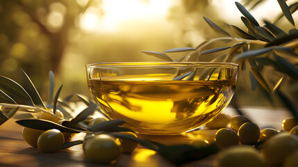 A clear glass bowl filled with golden olive oil is surrounded by olives and olive branches on a wooden surface under a warm light.