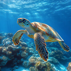 Obraz premium A large sea turtle swimming gracefully in the clear blue waters of a coral reef