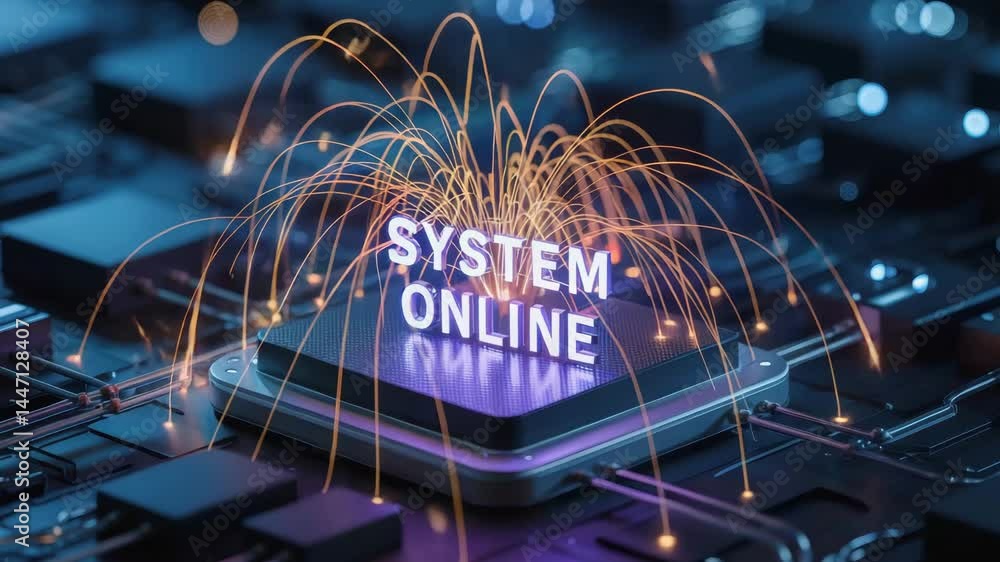 Poster agentic ai concept with system online glowing on microchip sparks flying in futuristic technology di
