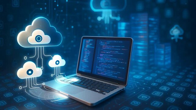 Laptop Coding Interface with Glowing Cloud Icons Representing AI Cloud Computing, Data Integration, and Smart Development System

