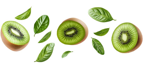 Kiwi Slices With Leaves Isolated Transparent Background Illustration