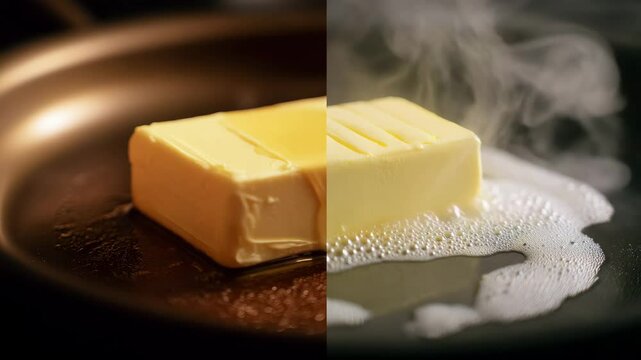 Close up view of a stick of butter melting in a dark pan. The left side shows the butter before melting, the right shows it melting with steam and bubbles. Warm lighting and dark background.