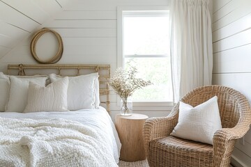 A cozy, farmhouse-style bedroom with a white shiplap wall, wicker furniture, and a cozy armchair