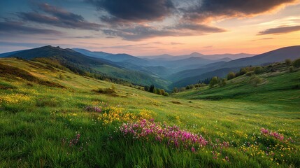 Fototapeta premium Rolling Hills Covered With Fresh Grass and Colorful Flowers at Sunset