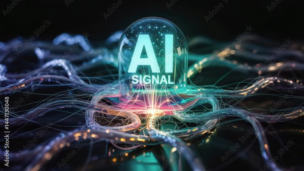 Poster agentic ai concept with glowing fiber optic network and digital signal converging under transparent 