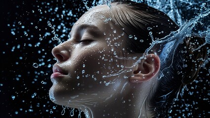 Fototapeta premium Close-up of Female Face Surrounded by Water Droplets 