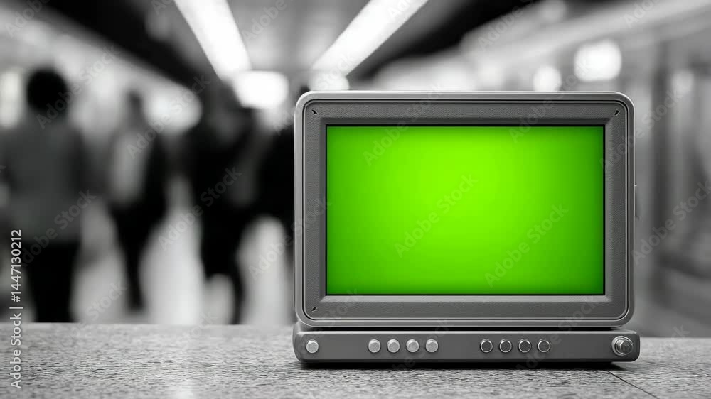 Aufkleber green screen display stands prominently in blurred background setting with people walking at a busy 