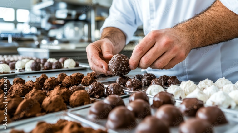 Poster hands carefully mold gourmet truffles in a clean workshop, surrounded by trays filled with cocoa-dus
