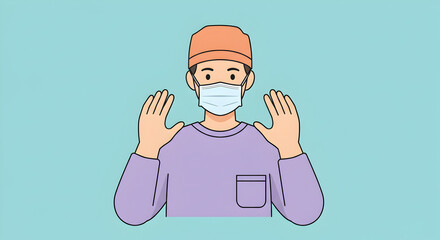 Cartoon illustration of a man wearing mask demonstrating hand gestures for hygiene