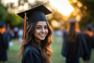 Smiling graduate in cap and gown, outdoors at graduation ceremony.  Blurred figures of fellow graduates in background