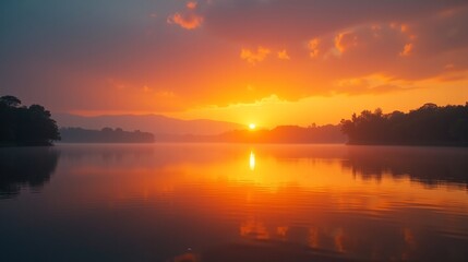 Obraz premium Twilight Tranquility: A Lake's Evening Elegance