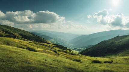 Fototapeta premium Serene Green Hillside Under a Wide Open Sky in Sunlit Valley