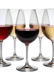 Five Wine Glasses, Different Wine Types, Isolated on Transparent Background, Wine Tasting, Beverage, Alcohol, wine, glasses, drink