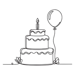 Elegant Line Art Birthday Cake Illustration with Balloon Celebration