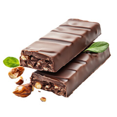 Decadent chocolate protein bar featuring crunchy nuts on a clean Transparent background, Protein bar with chocolate isolated on PNG background