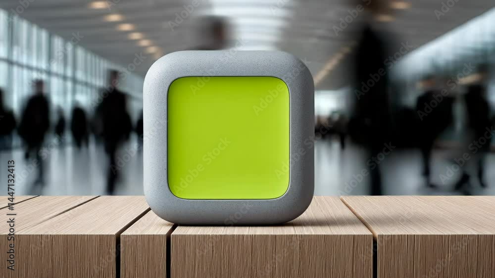 Poster modern design object placed on wooden surface in a busy airport terminal during daytime