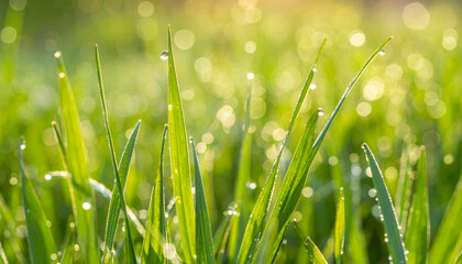 Obraz premium Fresh green grass glistens with dew droplets in morning light, creating serene and refreshing atmosphere. vibrant colors and soft focus evoke sense of tranquility and renewal