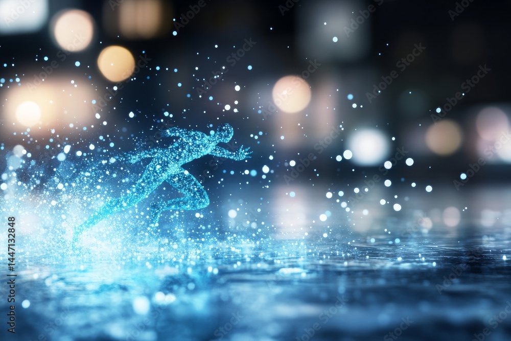 Aufkleber A glowing blue figure made of digital particles partially dissolves against a futuristic cityscape at night, creating an ethereal atmosphere with dynamic movement