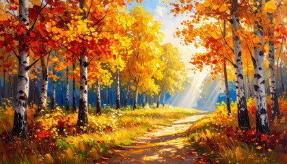 Fototapeta premium autumn forest path is illuminated by golden sunlight, surrounded by colorful trees with orange and yellow leaves. scene evokes sense of tranquility and warmth