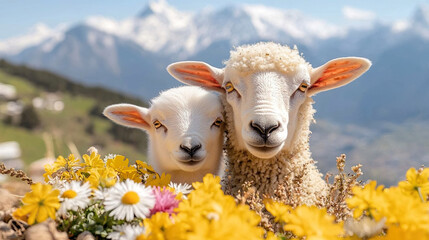 Cute sheep lamb in the mountain landscape ai generated 