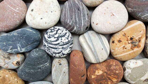 Background of smooth, colorful river stones rests in a shallow pool, displaying varied textures and tones for a serene, natural feel.
