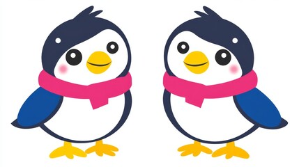 Fototapeta premium Two charming pixelated penguins adorned with pink scarves evoke a sense of childlike wonderment perfect for winter themed projects or whimsical designs