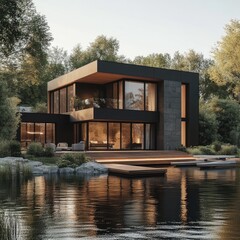 Obraz premium Modern house by a serene lake