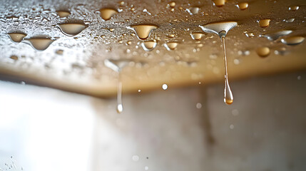 Close-up of water droplets leaking from ceiling, moisture buildup and damage, urgent home repair need, interior leak illustration
