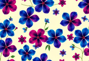 Cream background with a seamless pattern of vibrant blue and red flowers, blossom, fabric