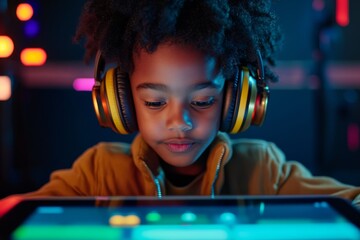 A young boy intensely focuses on a tablet screen, wearing large headphones. A glowing holographic overlay of educational game elements enhances his experience