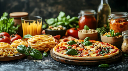 Italian food assortment featuring pasta, pizza, and various ingredients.  Fresh ingredients like tomatoes, basil, and nuts are displayed alongside cooked pasta and a delicious pizza