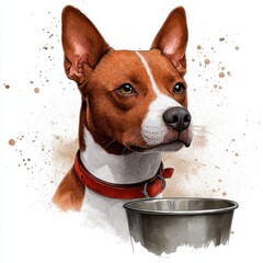 Alert Basenji Dog Portrait with Metal Bowl