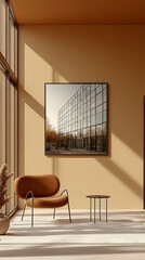 Modern, minimalist interior with a framed cityscape print, warm tones, and a comfy chair