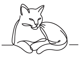 Cute one line drawing silhouette of a lying cat pet