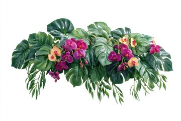 Tropical floral arrangement. Lush greenery with vibrant orchids