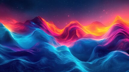 Obraz premium Vibrant Neon Mountainscape: A surreal digital art depicting luminous, colorful hills under a starry sky.
