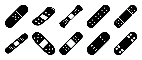 Collection of Various Bandages in Black Silhouette against a White Background