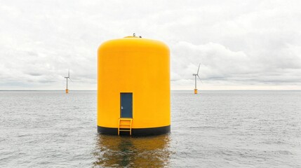 Renewable Energy Source Solar Panel Wind Turbine Concept. Bright Yellow Buoy and Wind Turbines on Calm Water Under Overcast Sky in Coastal Environment