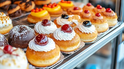 Assortment of Cream Filled and Glazed Donuts on Metal Rack