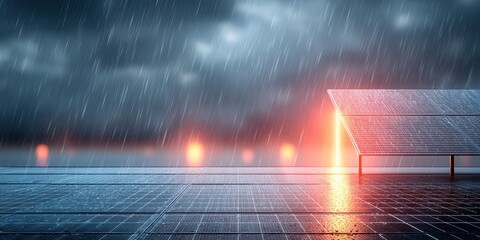Renewable Energy Source Solar Panel Wind Turbine Concept. Solar Panels Under Rainy Sky with Dramatic Lighting and Reflection on Wet Surface