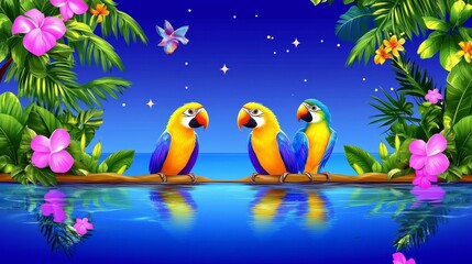 Vibrant tropical avian illustration featuring colorful parrots perched overlooking tranquil waters within a lush fantasy landscape illustration