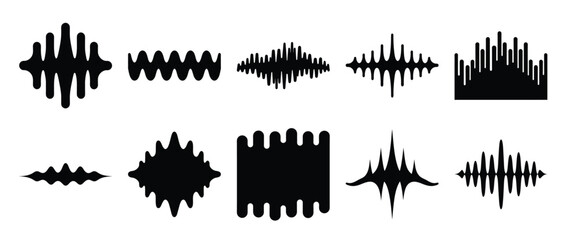 Collection of stylized sound wave designs in black and white, unique shapes