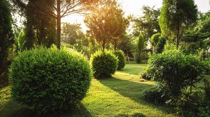 Obraz premium Lush Green Garden with Trimmed Bushes and Bright Sunlight