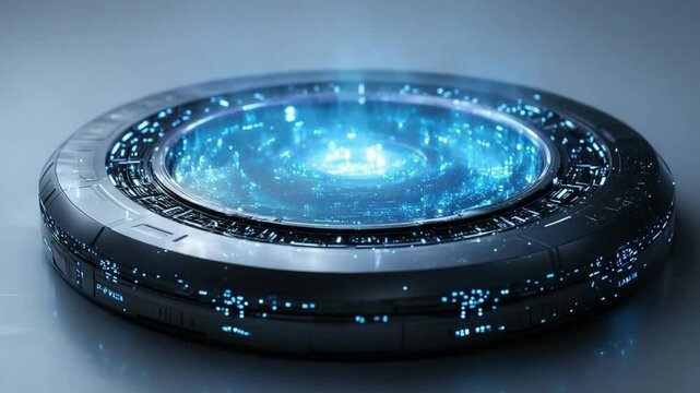 Futuristic Platform: A circular futuristic platform pulses with radiant energy, set against a minimalist backdrop, it embodies technology and innovation. 
