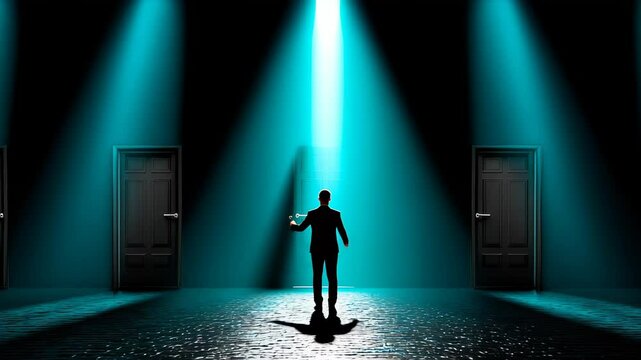 Silhouette of a Man Facing Choices in a Dark Room