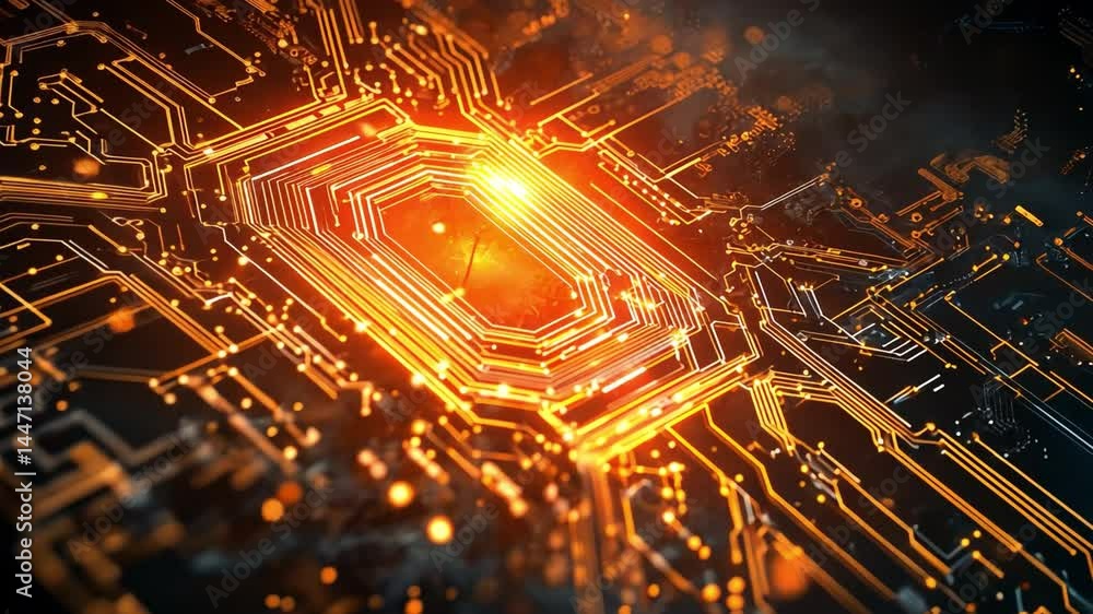 Poster digital circuitry illuminated: an intricate, abstract macro-view of a central processing unit's circ