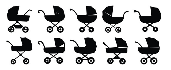 Collection of Black Silhouette Baby Strollers and Prams on a White Background