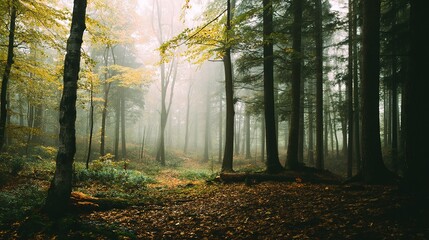 Misty Autumn Forest with Fallen Leaves and Soft Fog