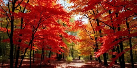 Crimson maple trees ablaze in fall forest, sunlight dappling leaves, fall, vibrant