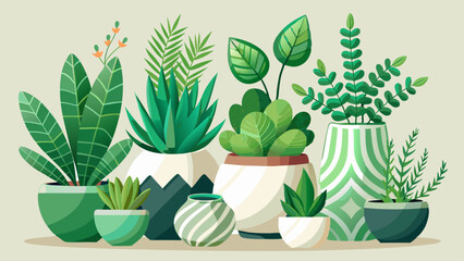 A harmony of green life in beautifully shaped ceramic containers.
From ferns to succulents, each plant is full of delicate detail.
Minimalist white background enhances the visual freshness.
Perfect fo